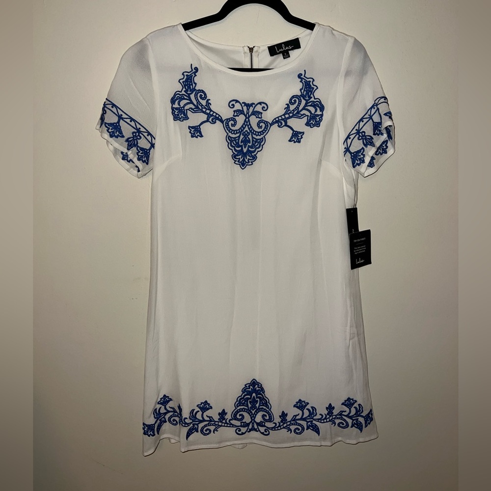 Lulus Tale to Tell Blue and Ivory Embroidered Shift Dress NWT - Picture 5 of 10
